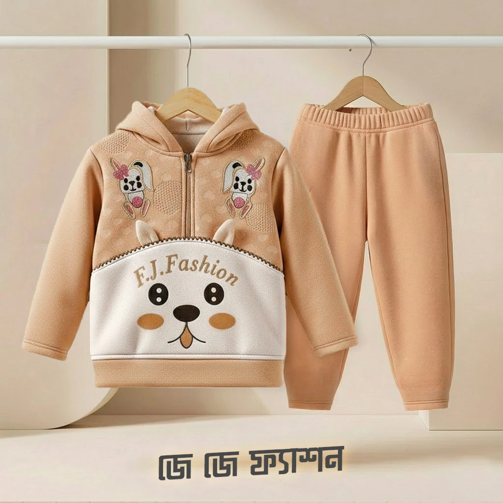 Beige hoodie with dog artwork and minimal clothing graphic design