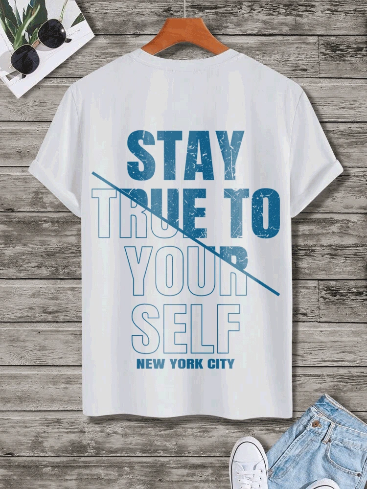 White T-shirt with blue typography quote design for casual wear